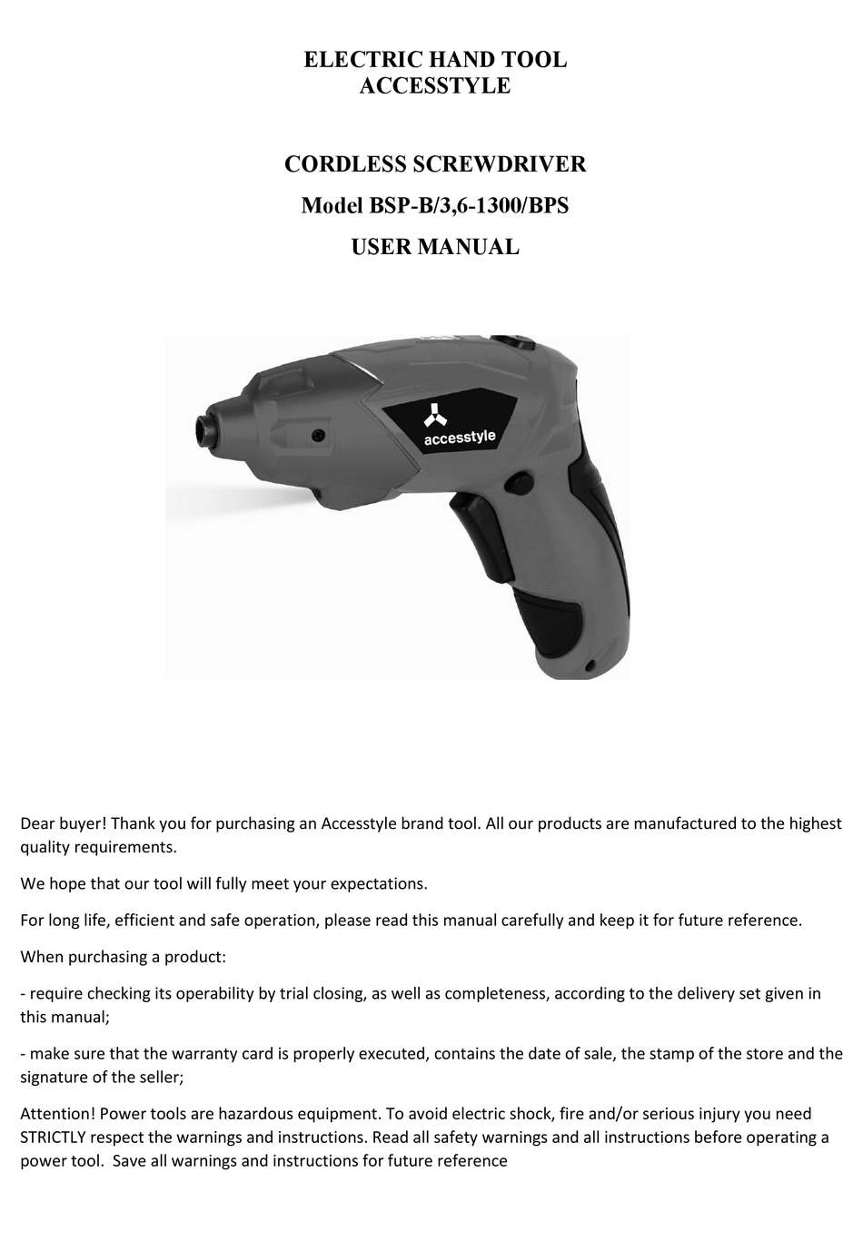 ACCESSTYLE BSP-B/3,6-1300/BPS USER MANUAL Pdf Download | ManualsLib
