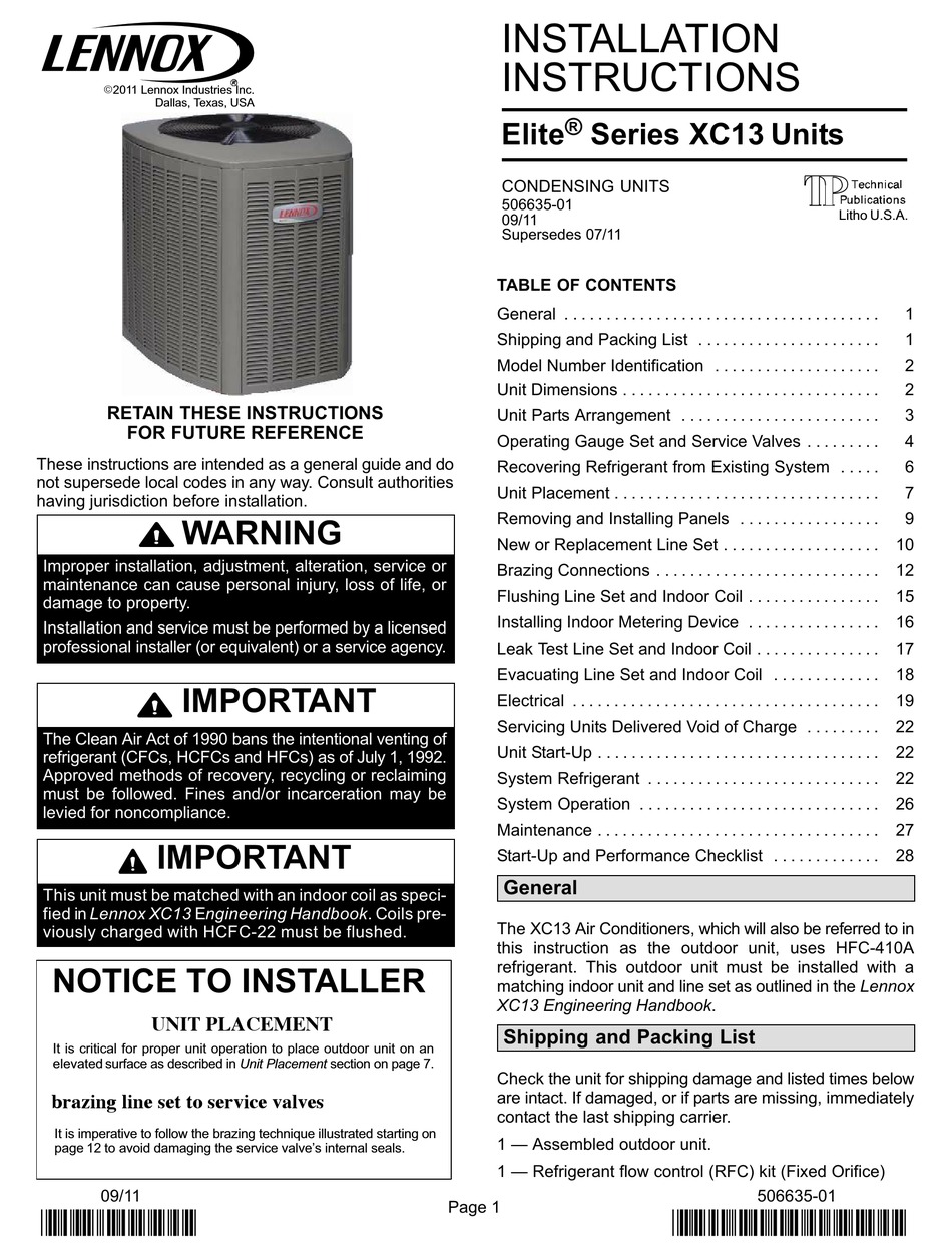 LENNOX ELITE SERIES INSTALLATION INSTRUCTIONS MANUAL Pdf Download ...