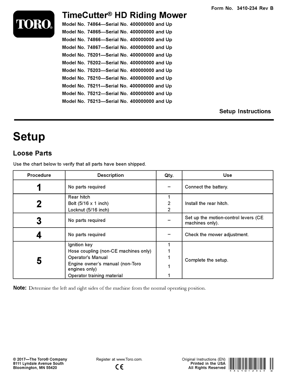 TORO TIMECUTTER 74864 SETUP INSTRUCTIONS Pdf Download ManualsLib