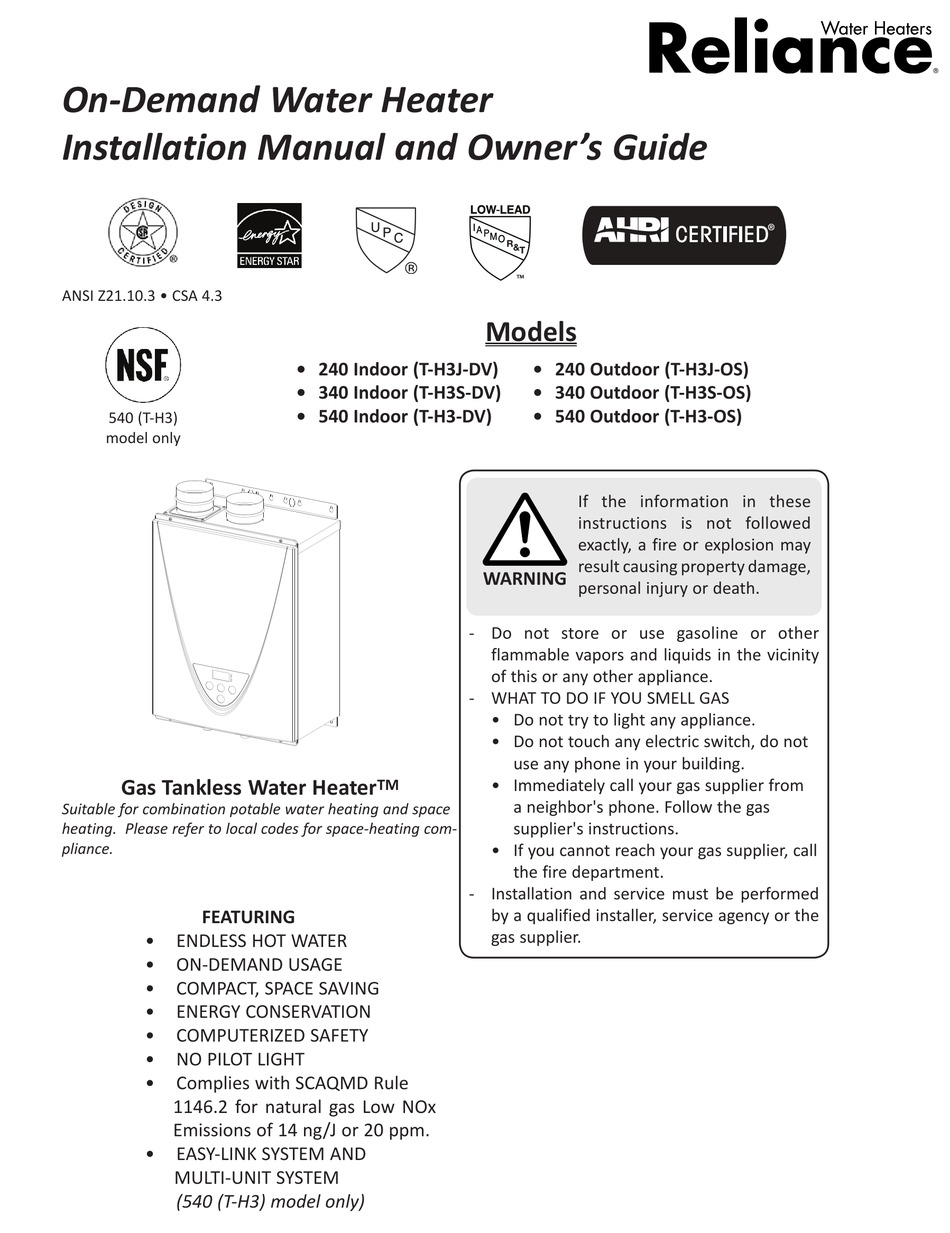 RELIANCE WATER HEATERS TH3SDV INSTALLATION MANUAL AND OWNER'S MANUAL