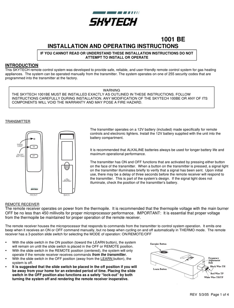SKYTECH 100BE INSTALLATION AND OPERATING INSTRUCTIONS Pdf Download