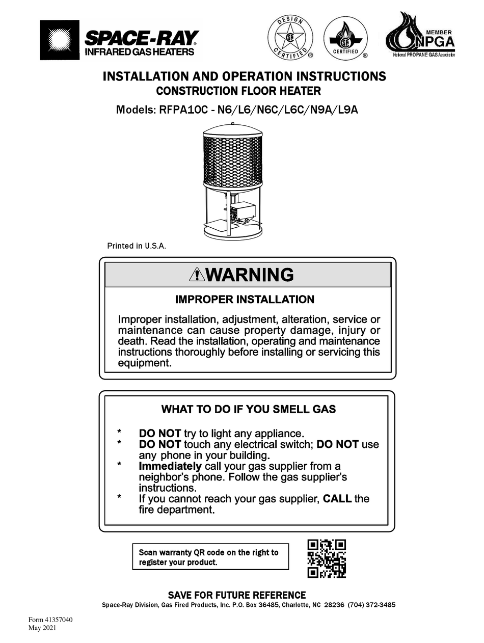SPACERAY RFPA10CN6 INSTALLATION & OPERATION INSTRUCTIONS Pdf Download