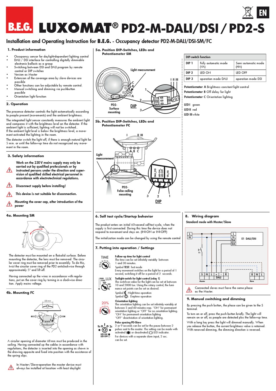 B.E.G. LUXOMAT PD2-M-DALI/DSI-SM/FC INSTALLATION AND OPERATING ...