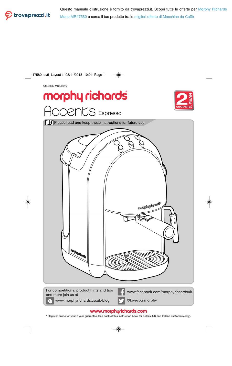 MORPHY RICHARDS ACCENTS ESPRESSO MR47580 INSTRUCTIONS MANUAL Pdf