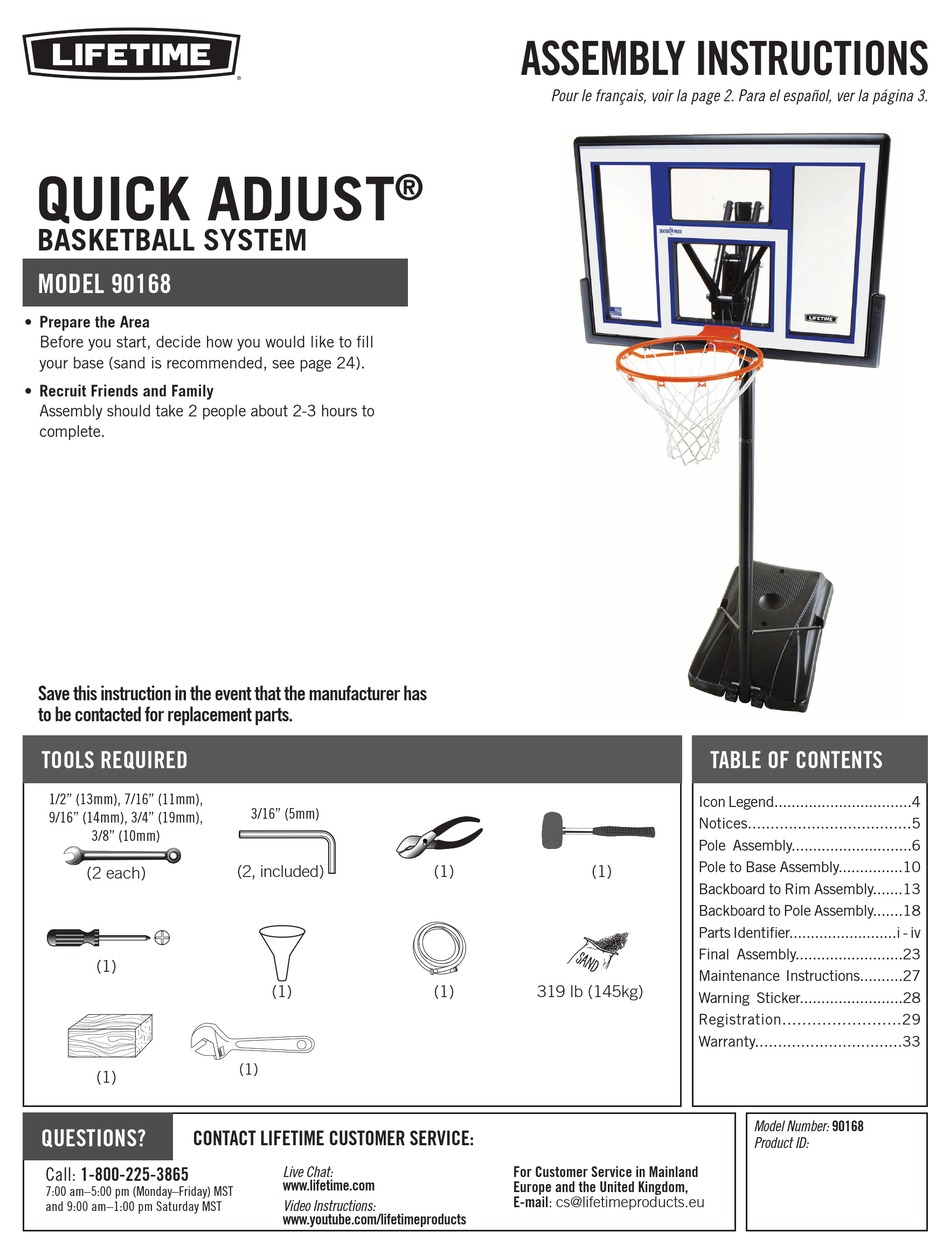 LIFETIME QUICK ADJUST 90168 ASSEMBLY INSTRUCTIONS MANUAL Pdf Download