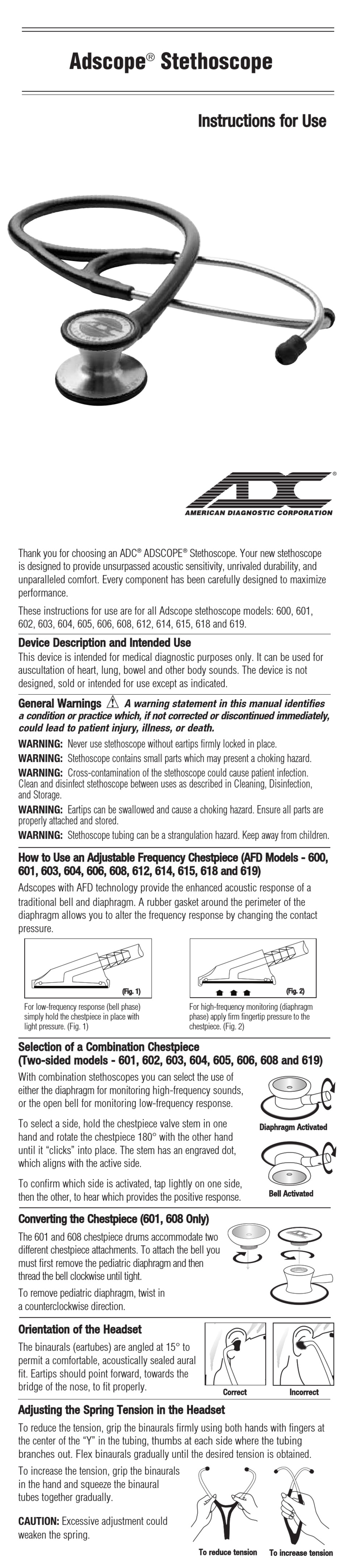 ADC ADSCOPE STETHOSCOPE 600 INSTRUCTIONS FOR USE Pdf Download ManualsLib