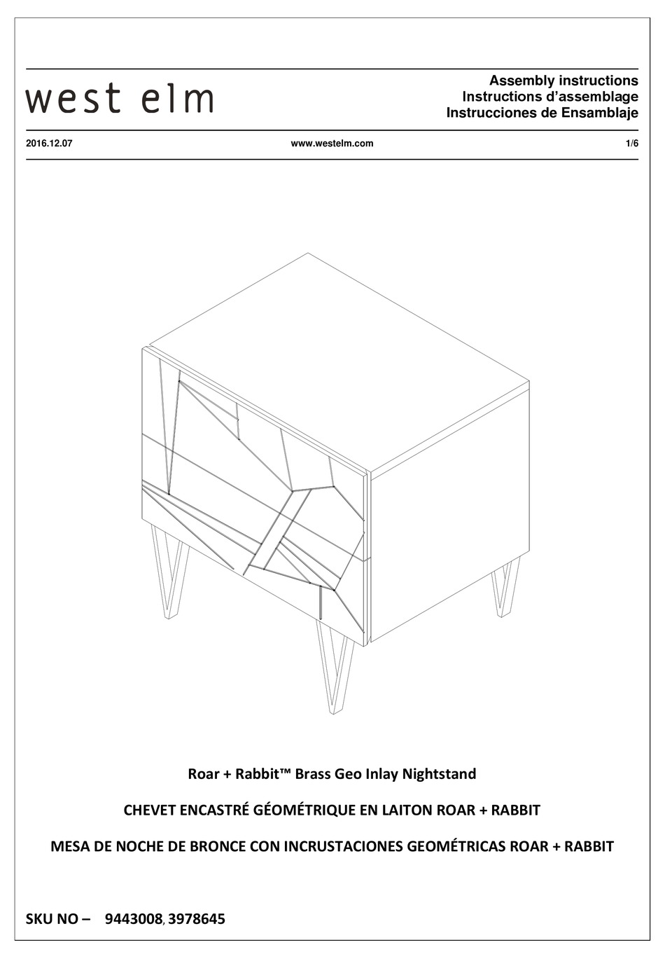 WEST ELM ROAR + RABBIT 9443008 ASSEMBLY INSTRUCTIONS MANUAL Pdf