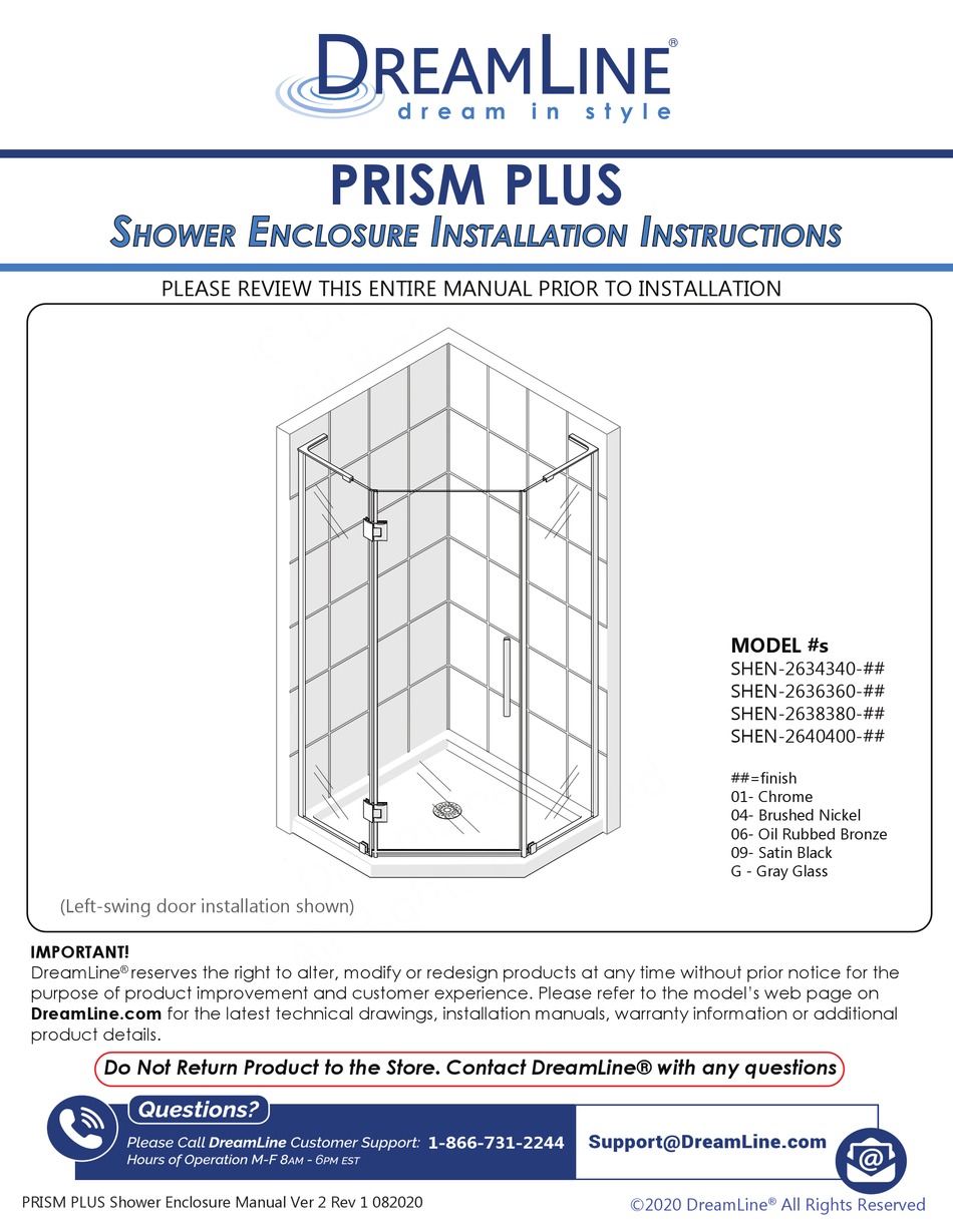 DREAMLINE PRISM PLUS SHEN2634340 SERIES INSTALLATION INSTRUCTIONS