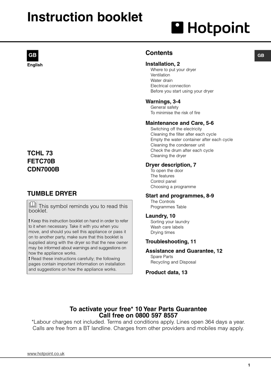 HOTPOINT FETC70B INSTRUCTION BOOKLET Pdf Download | ManualsLib