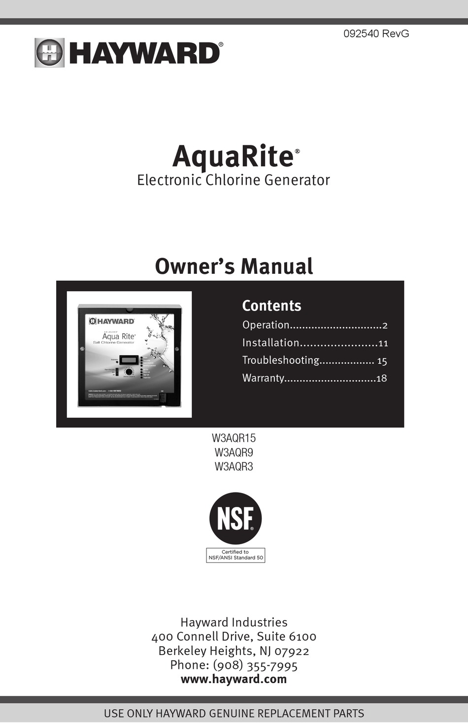 HAYWARD AQUARITE W3AQR15 OWNER'S MANUAL Pdf Download ManualsLib