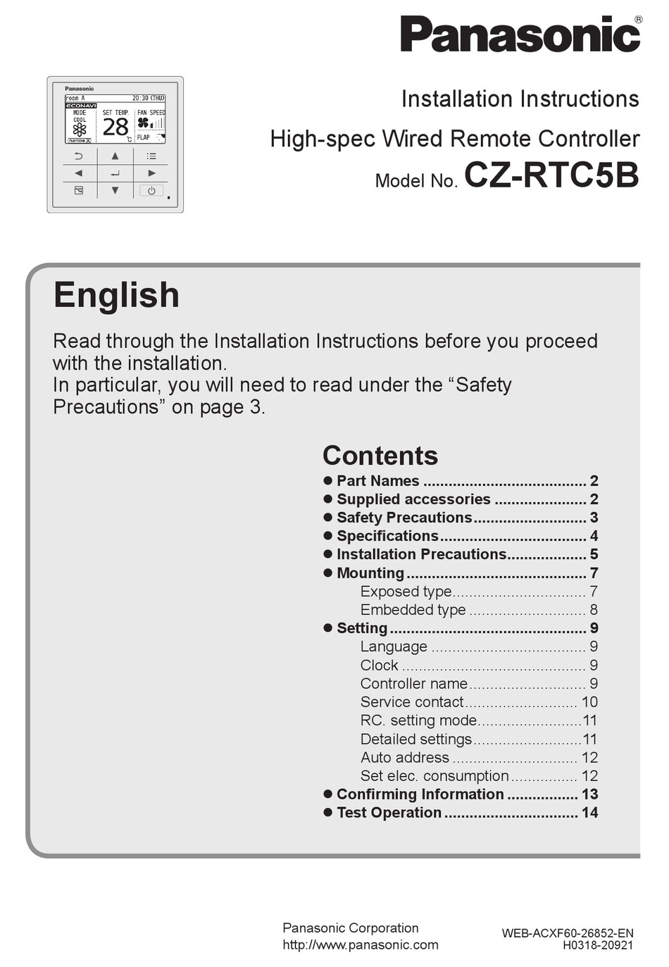 PANASONIC CZRTC5B INSTALLATION INSTRUCTIONS MANUAL Pdf Download