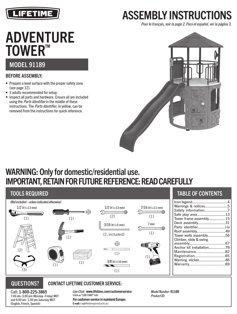LIFETIME ADVENTURE TOWER 91189 ASSEMBLY INSTRUCTIONS MANUAL Pdf