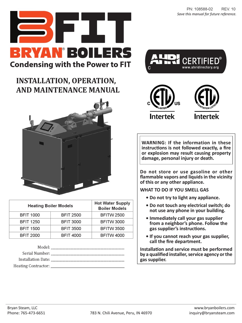 BRYAN BOILERS BFIT 1000 INSTALLATION, OPERATION AND MAINTENANCE MANUAL ...