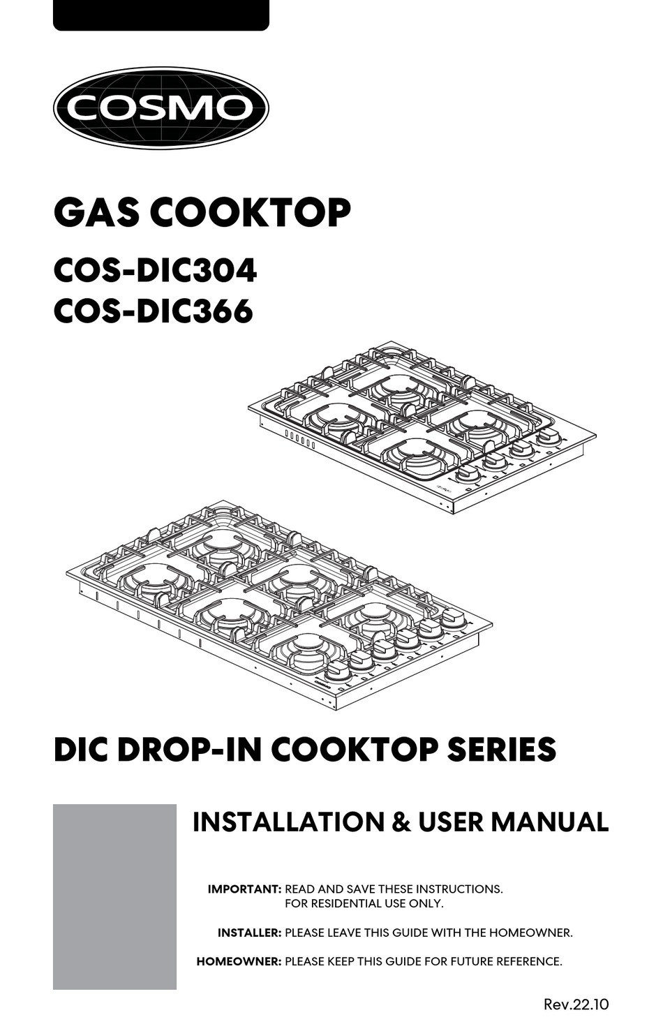 COSMO DIC DROPIN COOKTOP SERIES INSTALLATION & USER MANUAL Pdf