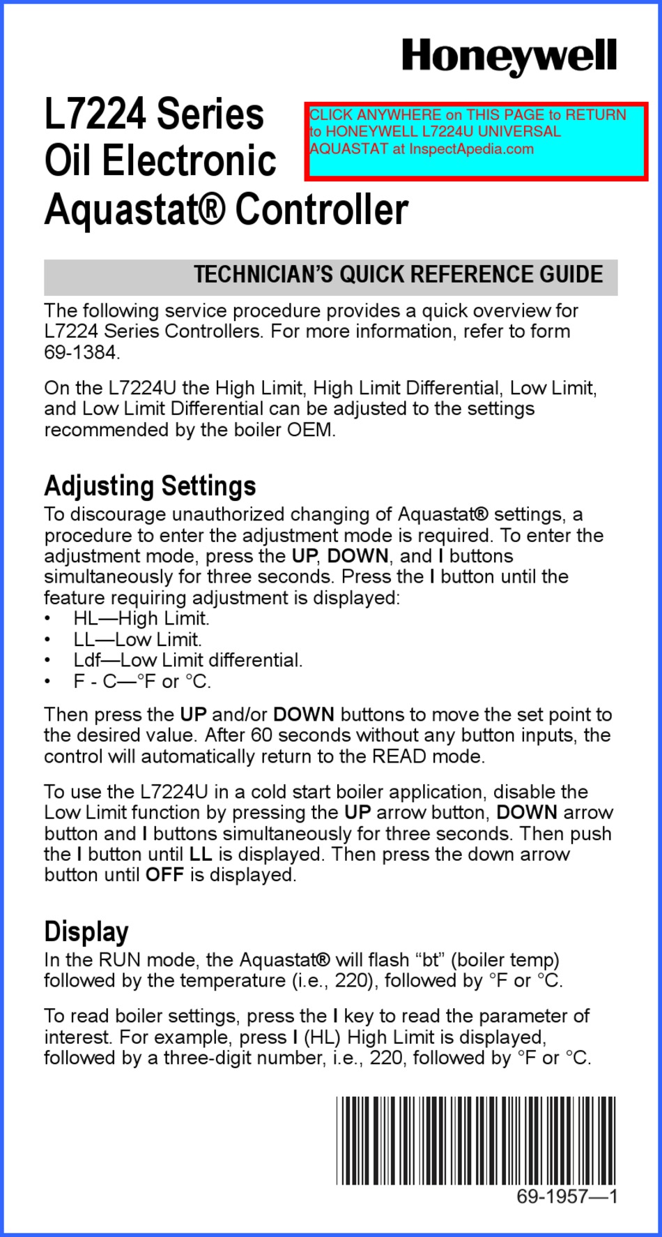 HONEYWELL AQUASTAT L7224U SERIES QUICK REFERENCE MANUAL Pdf Download