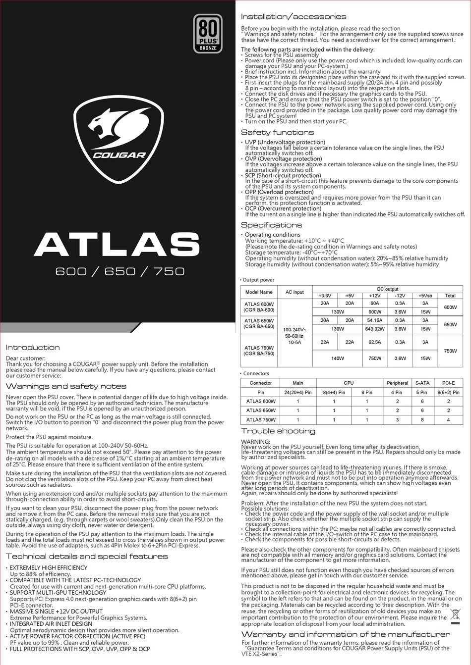 COUGAR ATLAS 600 MANUAL Pdf Download | ManualsLib