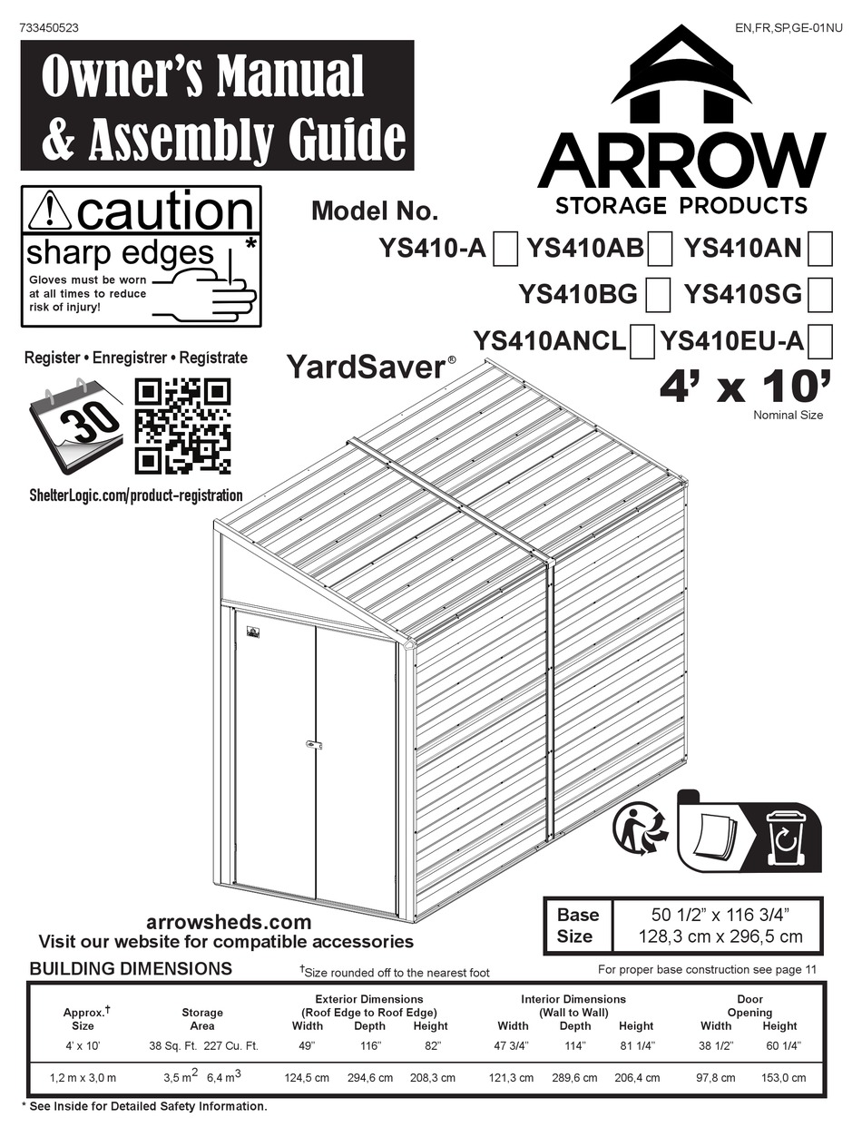 ARROW STORAGE PRODUCTS YARDSAVER YS410-A SERIES OWNER'S MANUAL ...