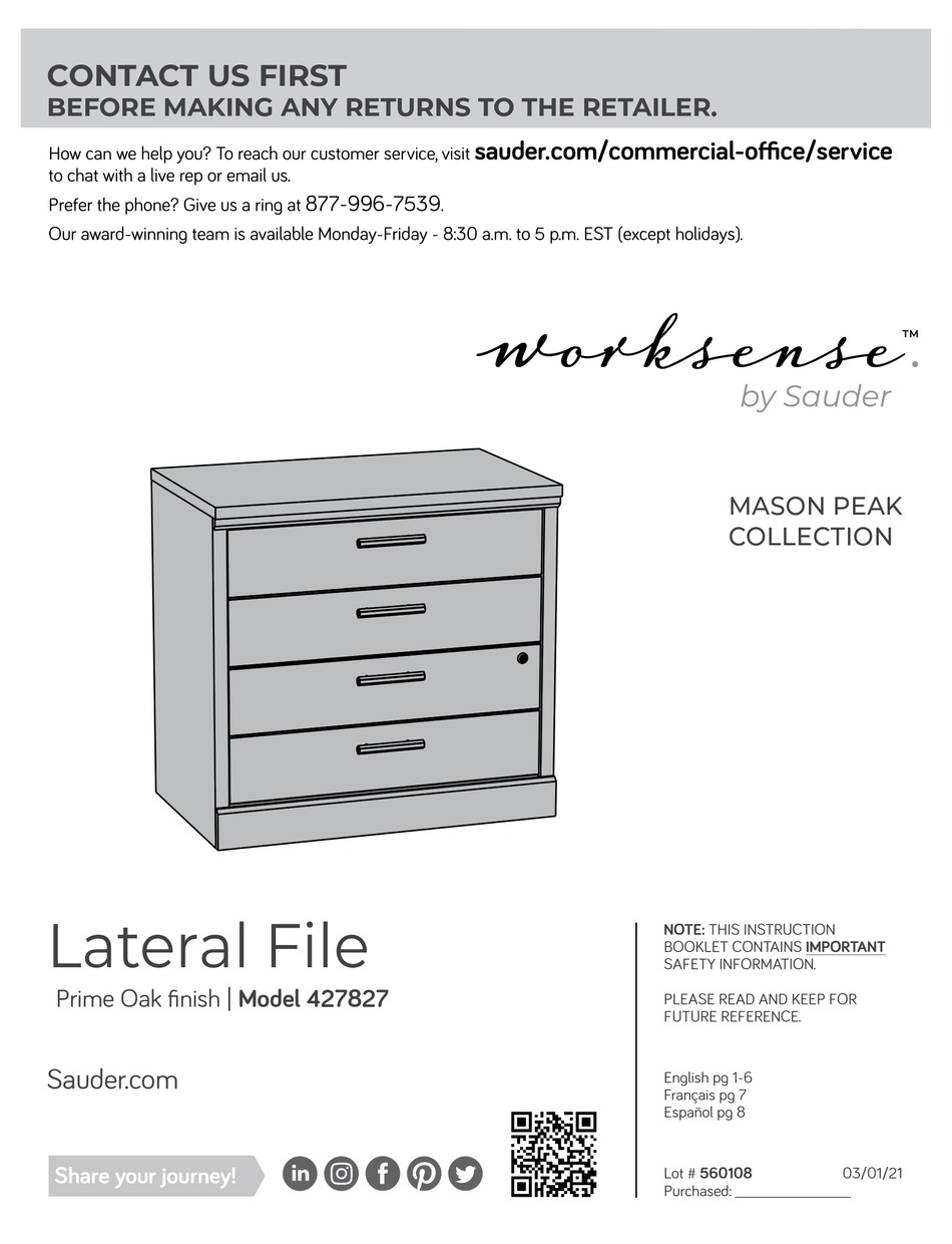SAUDER WORKSENSE MASON PEAK 427827 MANUAL Pdf Download ManualsLib
