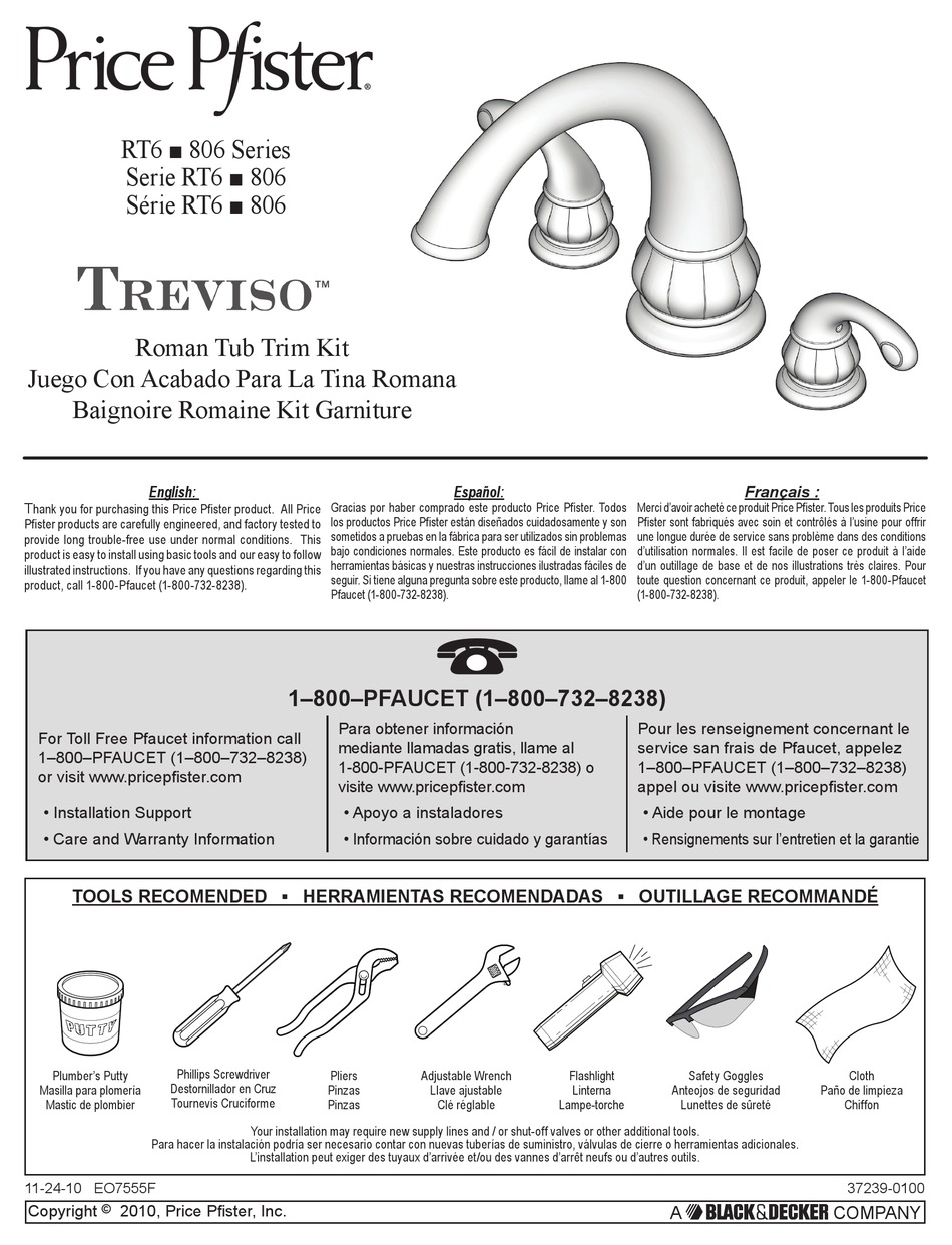 BLACK & DECKER PRICE PFISTER TREVISO 806 SERIES INSTALLATION