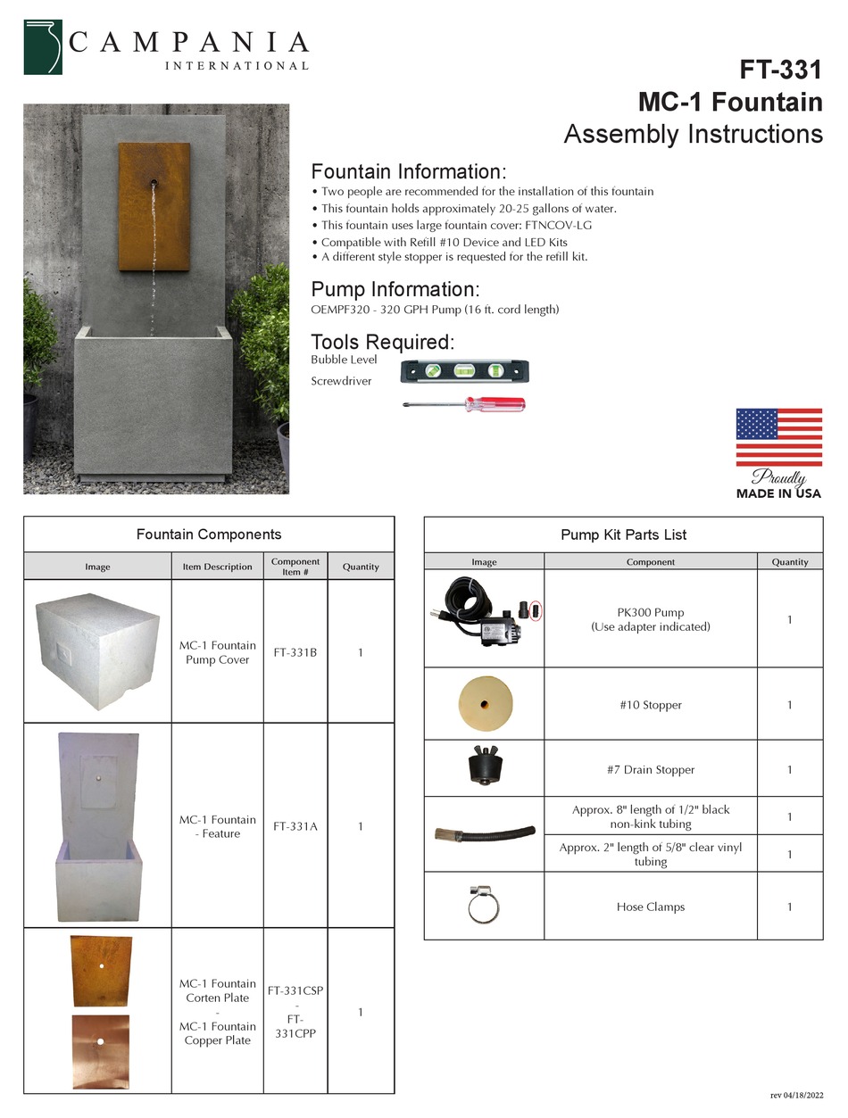 CAMPANIA INTERNATIONAL MC1 FOUNTAIN ASSEMBLY INSTRUCTIONS Pdf Download