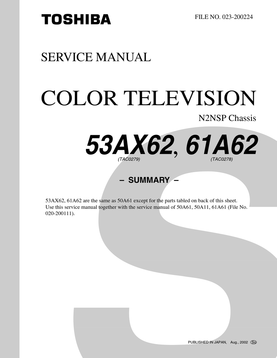 TOSHIBA 61A62 SERVICE MANUAL Pdf Download | ManualsLib