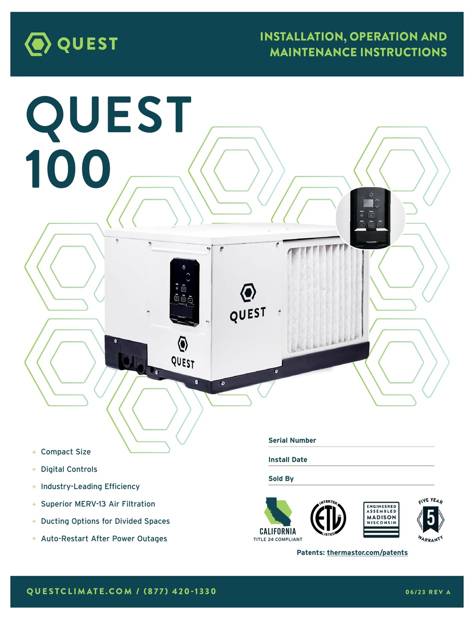 QUEST ENGINEERING 100 INSTALLATION, OPERATION AND MAINTENANCE