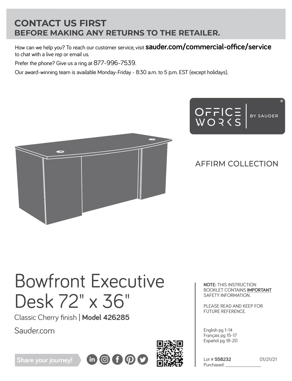 SAUDER OFFICEWORKS AFFIRM 426285 INSTRUCTION BOOKLET Pdf Download