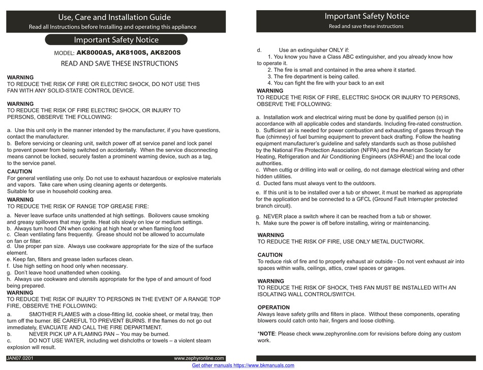 ZEPHYR AK8000AS USE, CARE AND INSTALLATION MANUAL Pdf Download ManualsLib