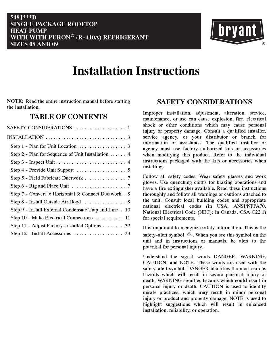 BRYANT 548J D SERIES INSTALLATION INSTRUCTIONS MANUAL Pdf Download ...