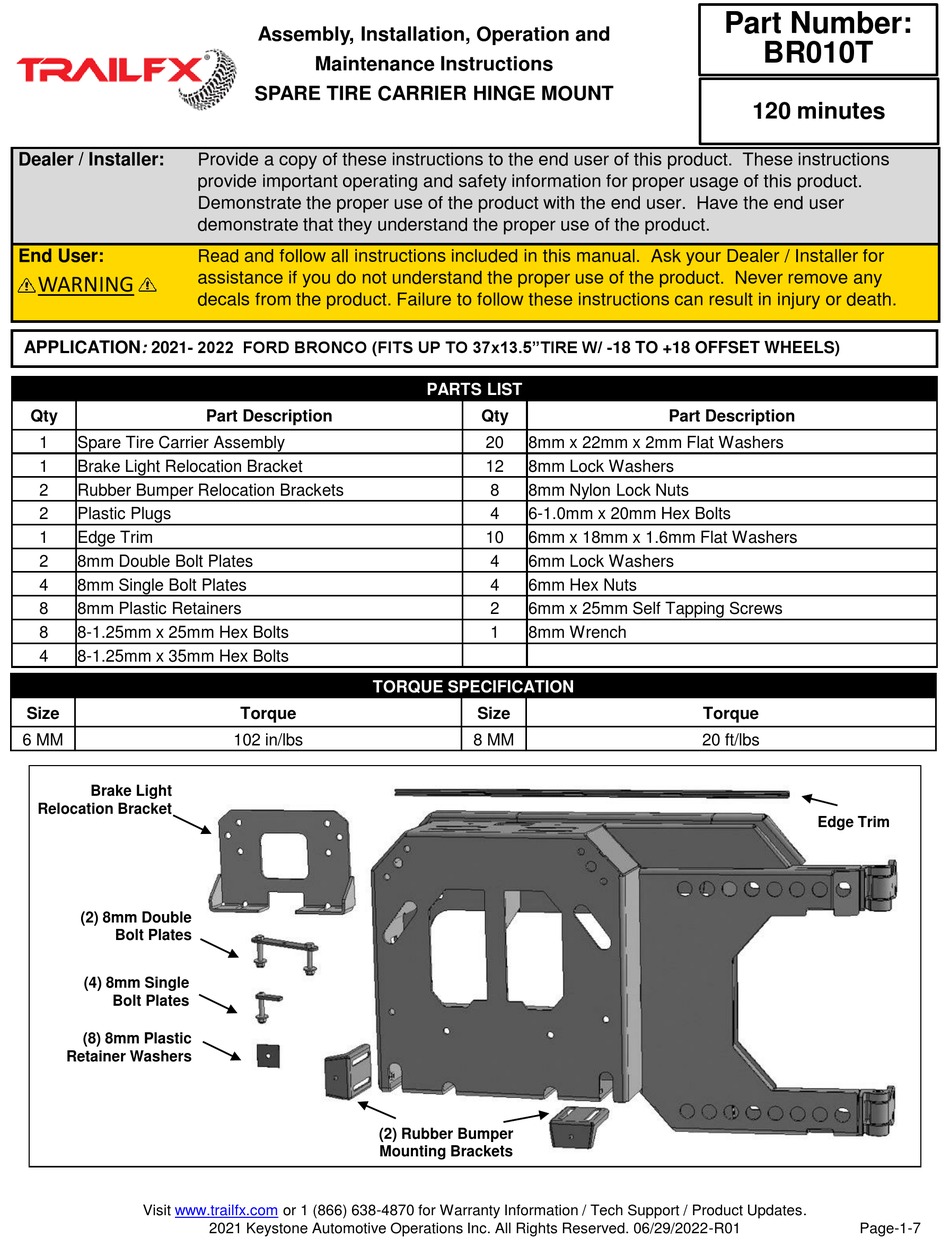 TRAILFX BR010T ASSEMBLY, INSTALLATION, OPERATION AND MAINTENANCE