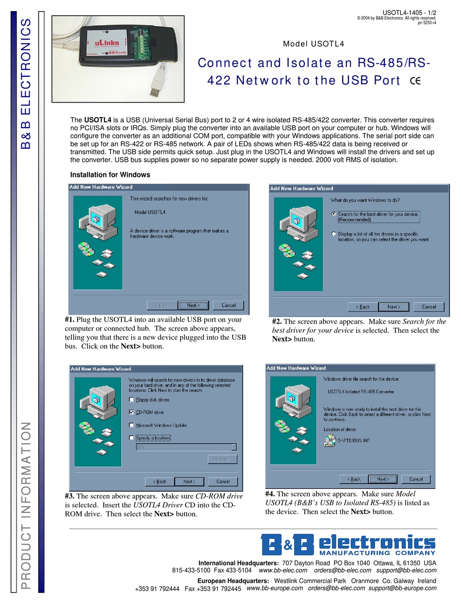 B&B ELECTRONICS USOTL4 QUICK START MANUAL Pdf Download | ManualsLib