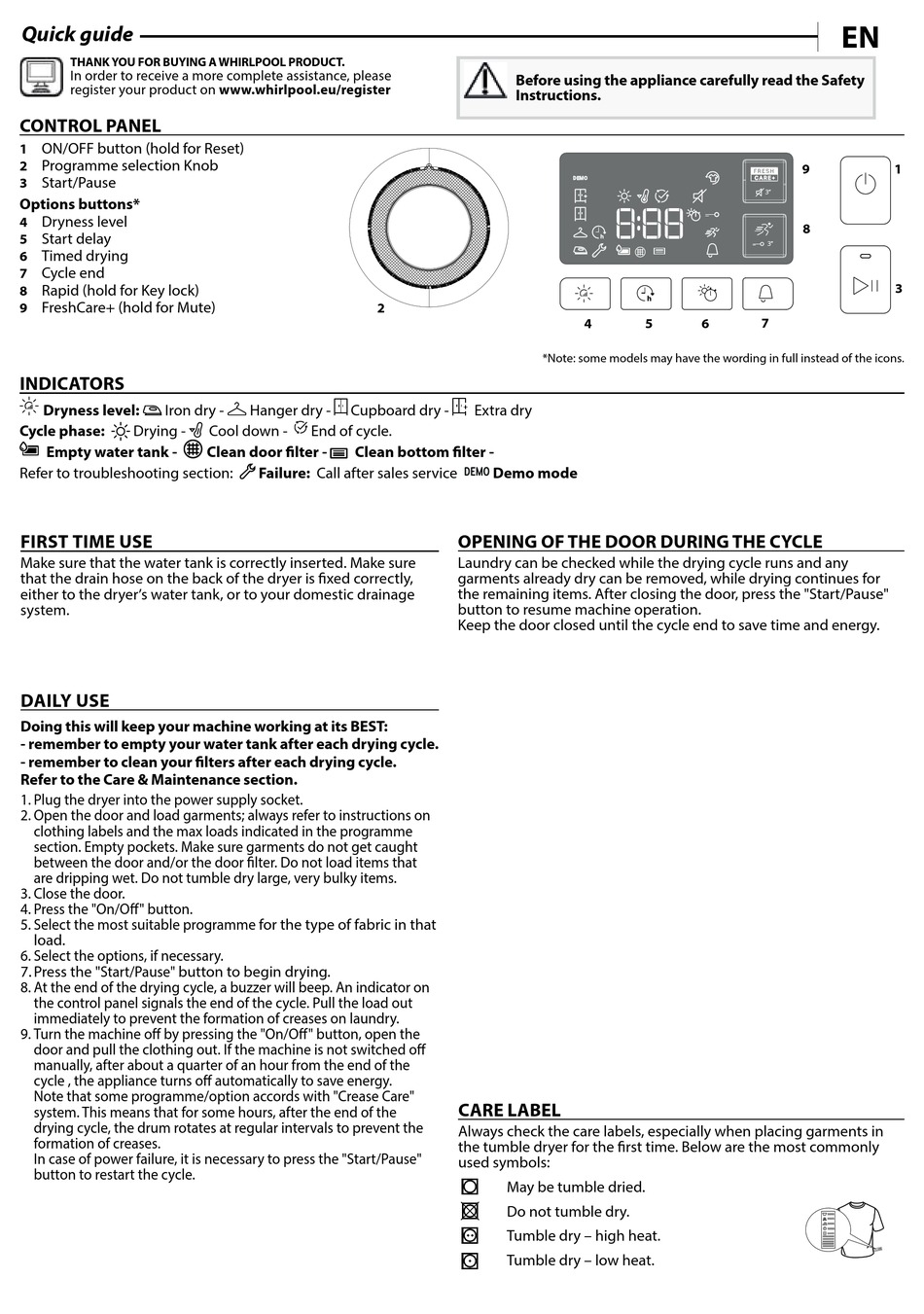 WHIRLPOOL AWZ 8CDS/DF QUICK START MANUAL Pdf Download ManualsLib