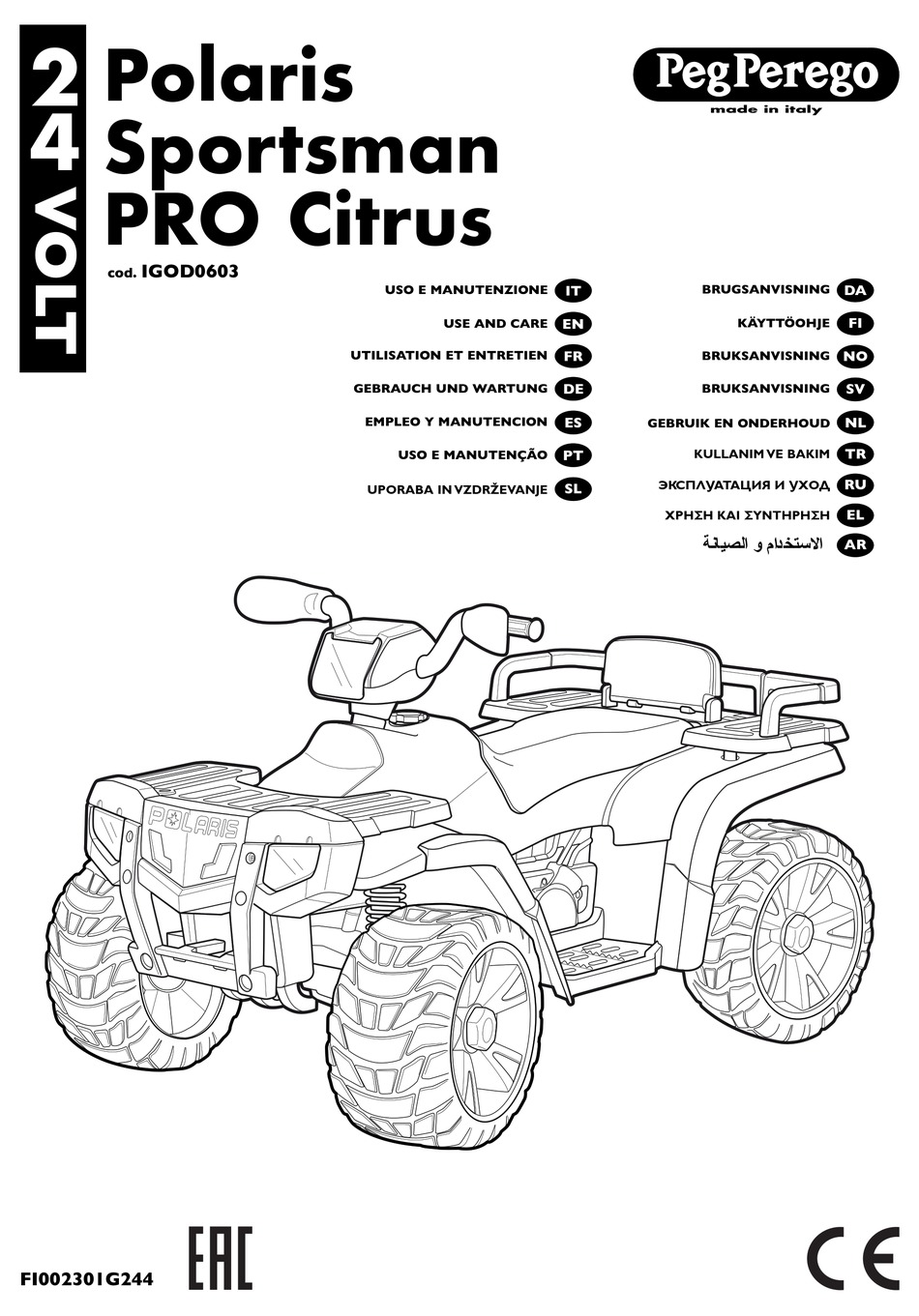 PEGPEREGO POLARIS SPORTSMAN PRO CITRUS USE AND CARE MANUAL Pdf