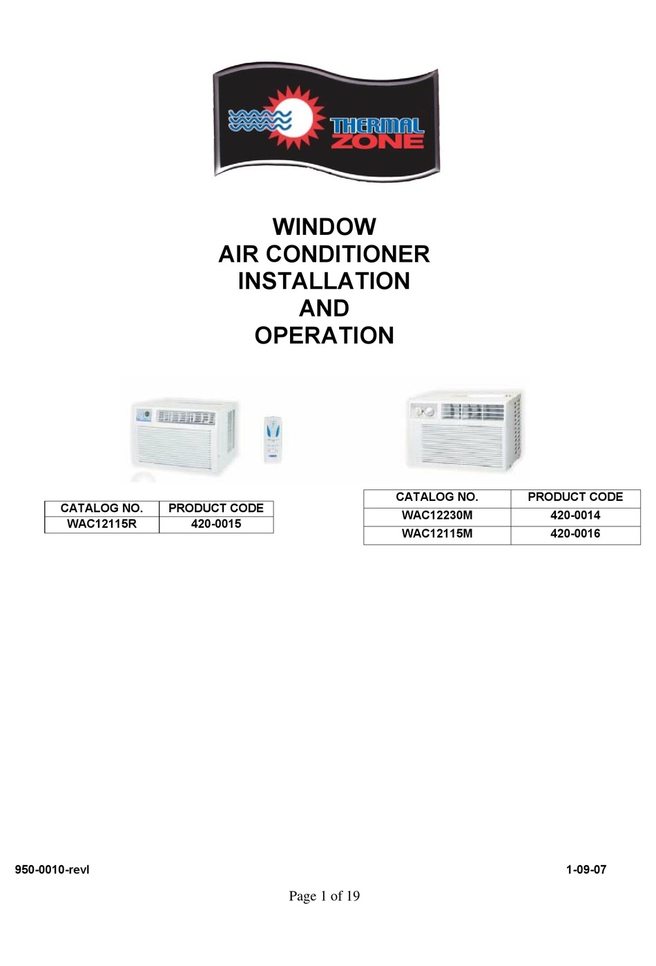 THERMAL ZONE WAC12230M INSTALLATION AND OPERATION MANUAL Pdf Download