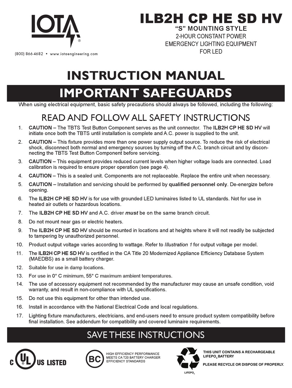 IOTA ILB2H CP HE SD HV INSTRUCTION MANUAL Pdf Download | ManualsLib