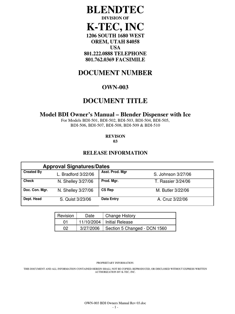 KTEC BLENDTEC BDI OWNER'S MANUAL Pdf Download ManualsLib