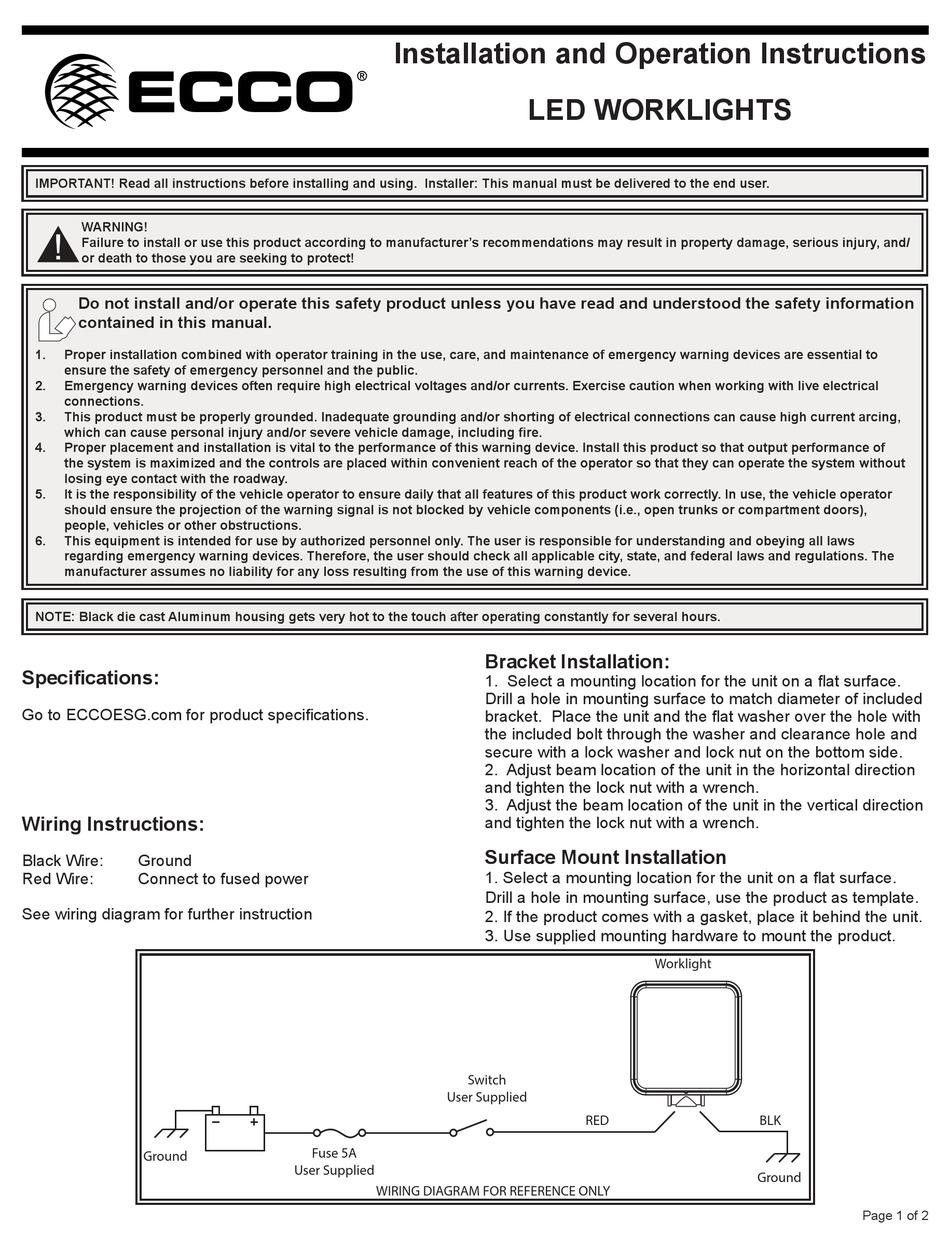 ECCO EW2421W INSTALLATION AND OPERATION INSTRUCTION MANUAL Pdf Download