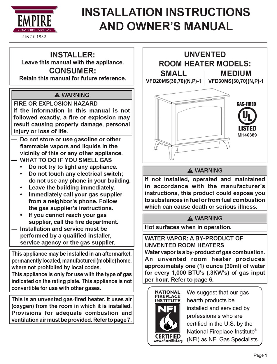EMPIRE COMFORT SYSTEMS VFD20MS30N1 INSTALLATION INSTRUCTIONS AND OWNER