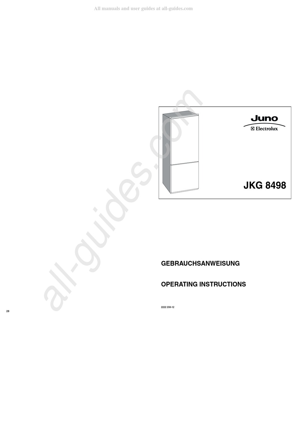 ELECTROLUX JUNO JKG 8498 OPERATING INSTRUCTIONS MANUAL Pdf Download