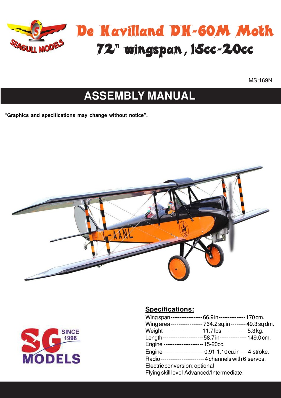 SEAGULL MODELS DE HAVILLAND DH60M MOTH 72" WINGSPAN 15CC20CC ASSEMBLY