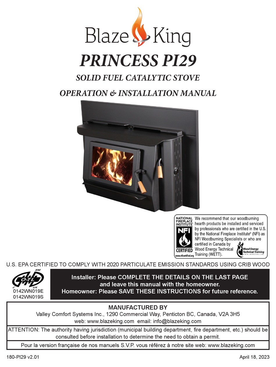 BLAZE KING PRINCESS PI29 OPERATION & INSTALLATION MANUAL Pdf Download