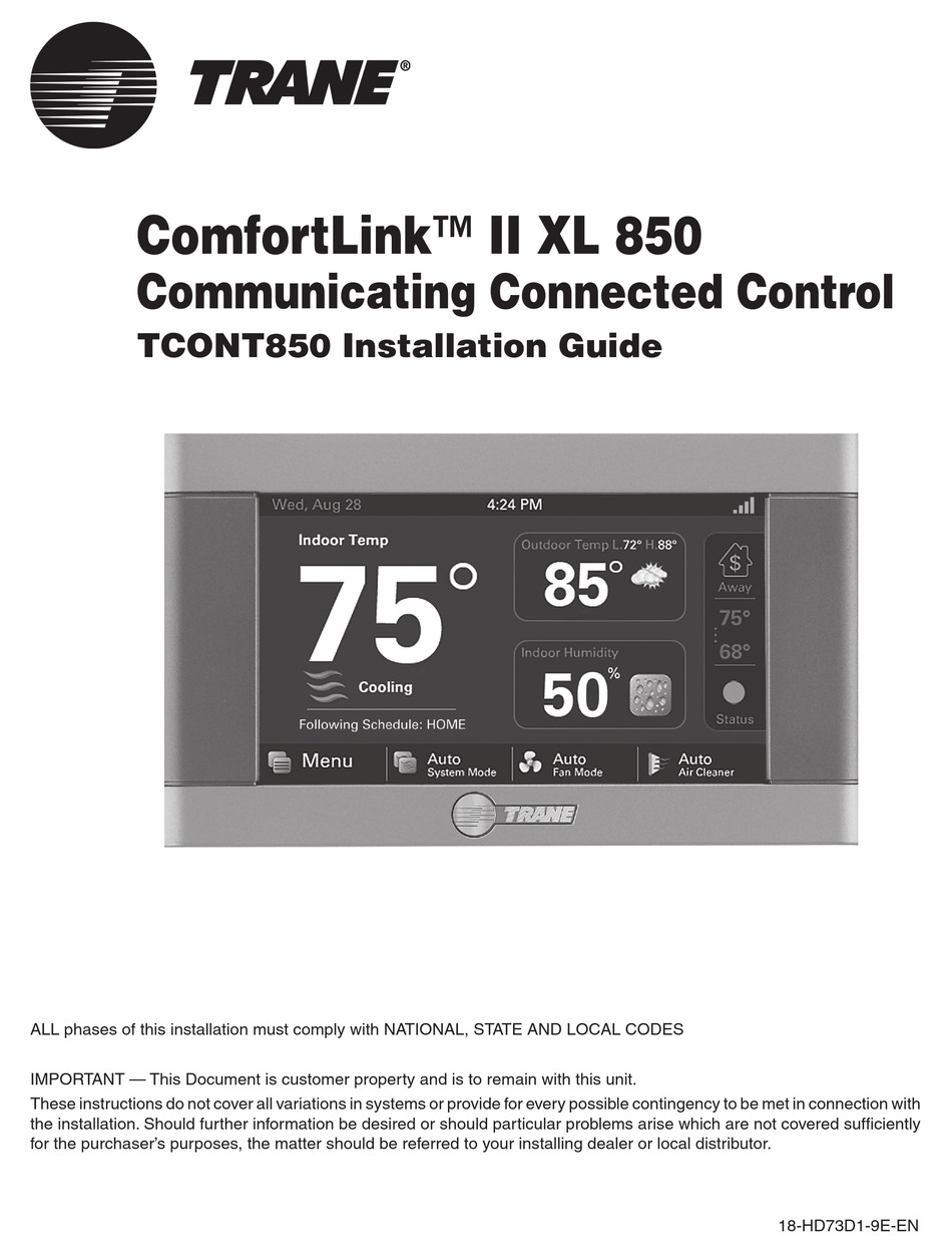 Trane Tcont Installation Manual Pdf Download Manualslib