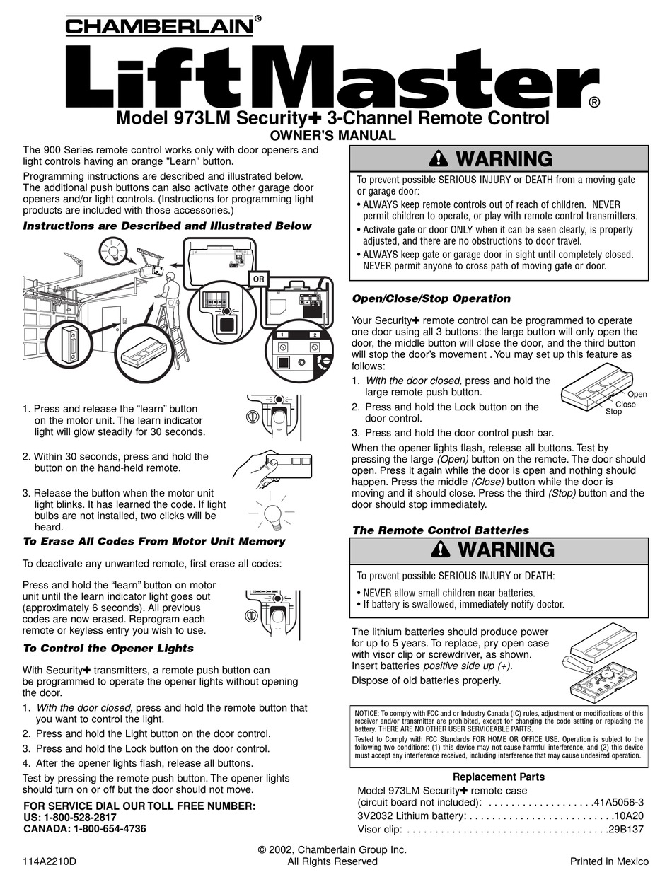 CHAMBERLAIN LIFTMASTER 973LM OWNER