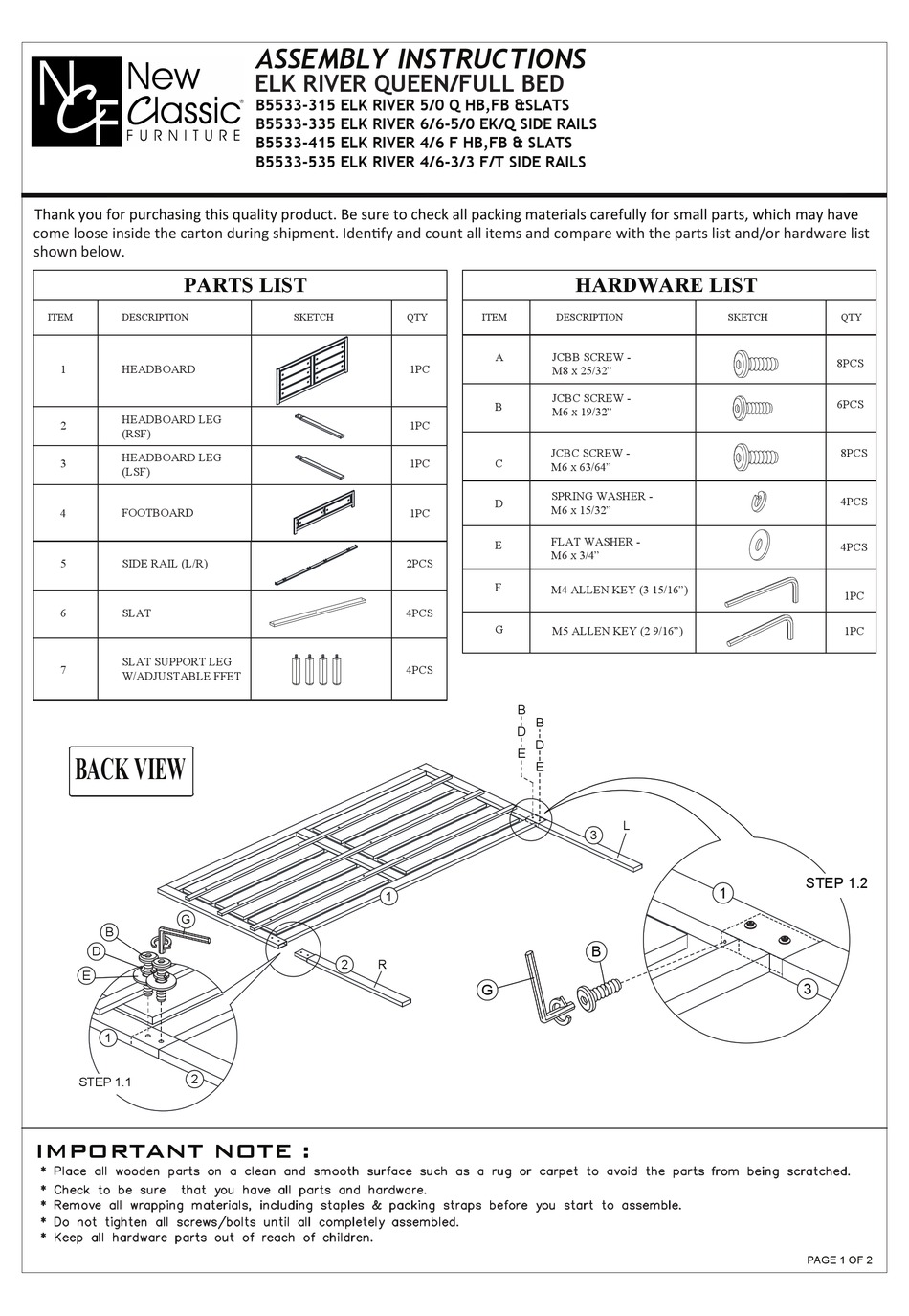 NEW CLASSIC FURNITURE ELK RIVER B5533315 ASSEMBLY INSTRUCTIONS Pdf