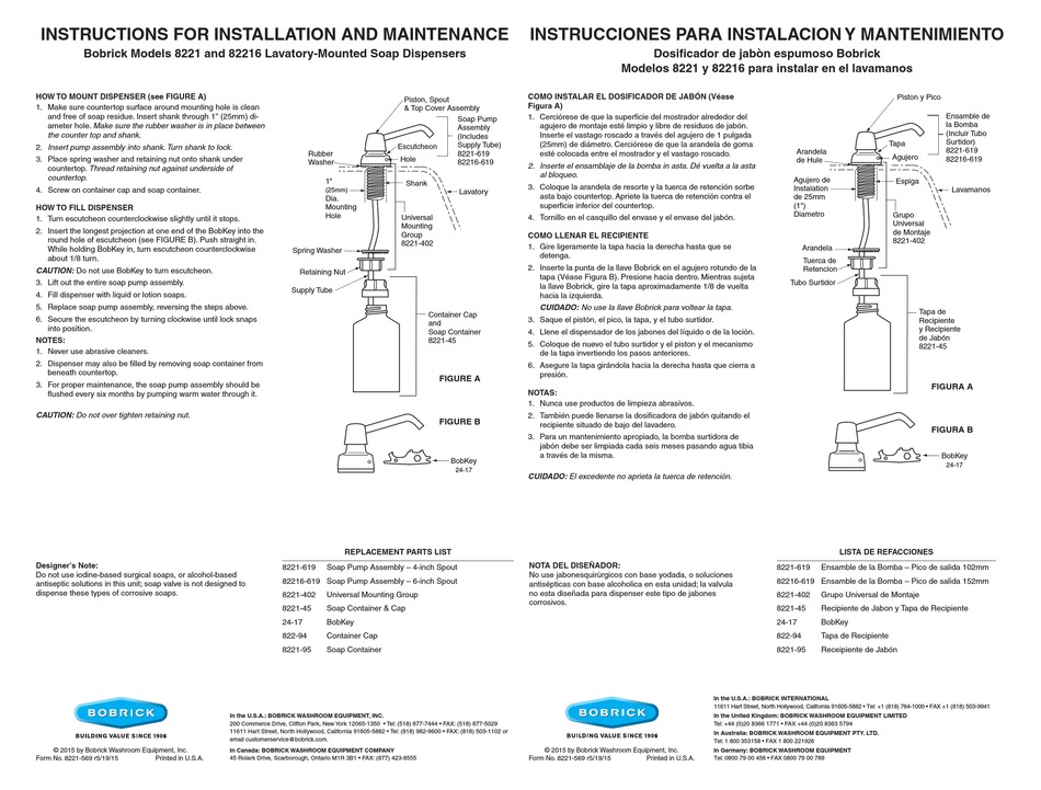 BOBRICK 82216 INSTRUCTION FOR INSTALLATION AND MAINTENANCE Pdf Download ...