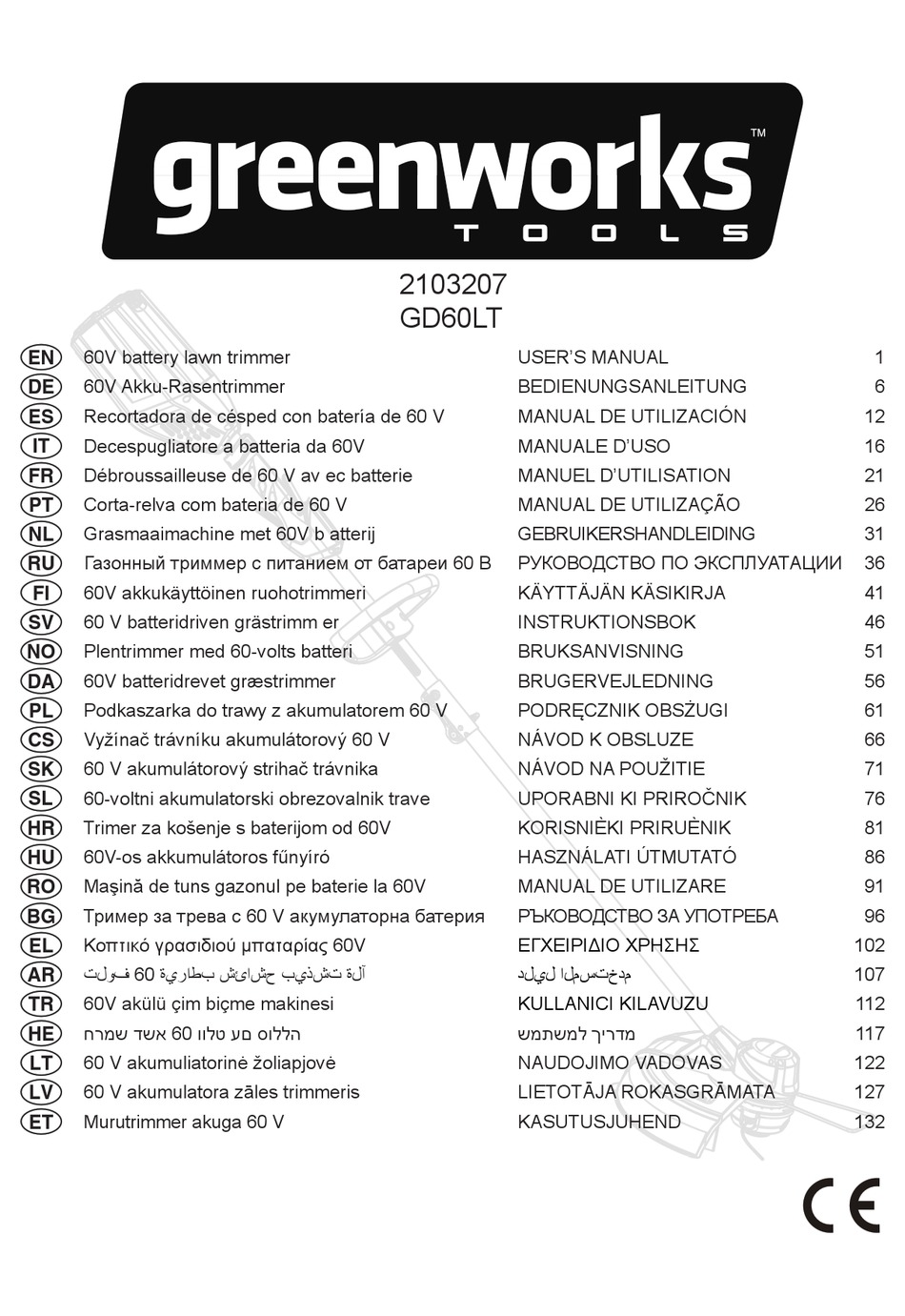 GREENWORKS TOOLS 2103207 USER MANUAL Pdf Download ManualsLib