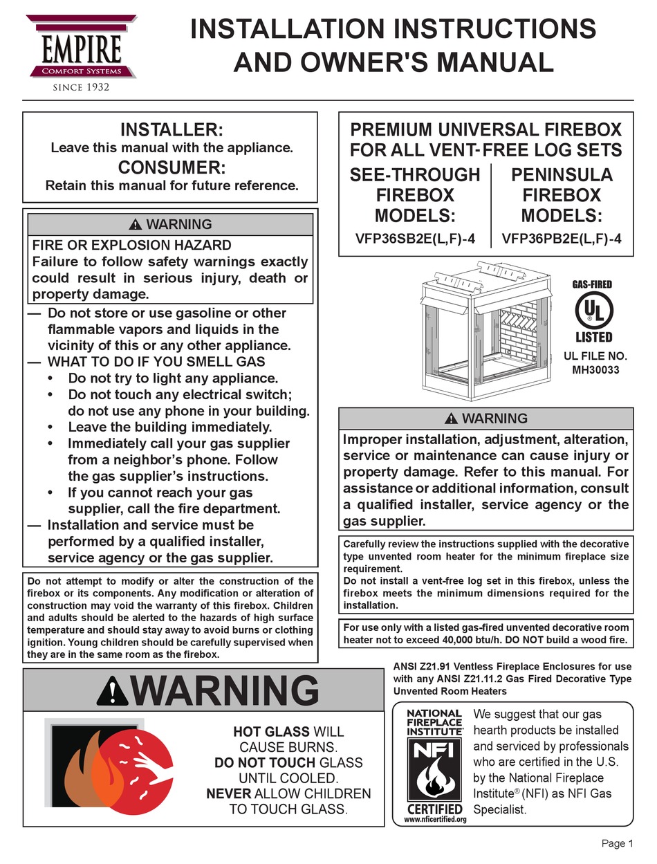 EMPIRE COMFORT SYSTEMS VFP36SB2EL-4 INSTALLATION INSTRUCTIONS AND OWNER ...