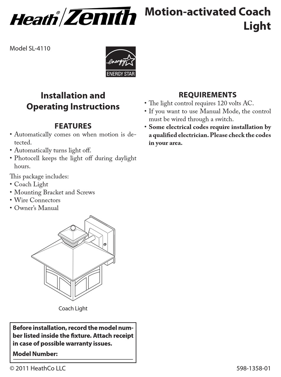 HEALTH ZENITH SL4110 INSTALLATION AND OPERATING INSTRUCTIONS MANUAL