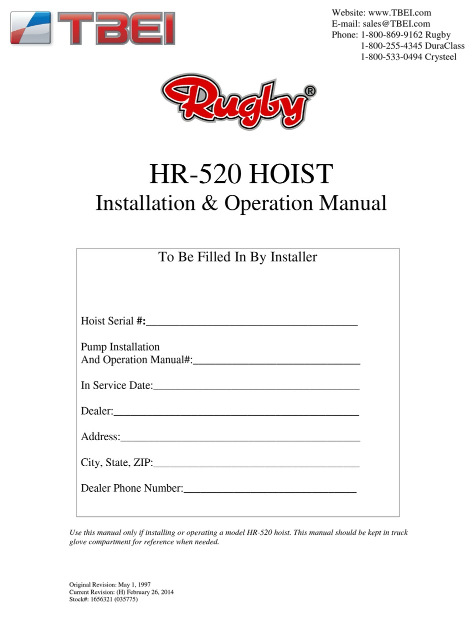 TBEI RUGBY HR520 INSTALLATION & OPERATION MANUAL Pdf Download ManualsLib
