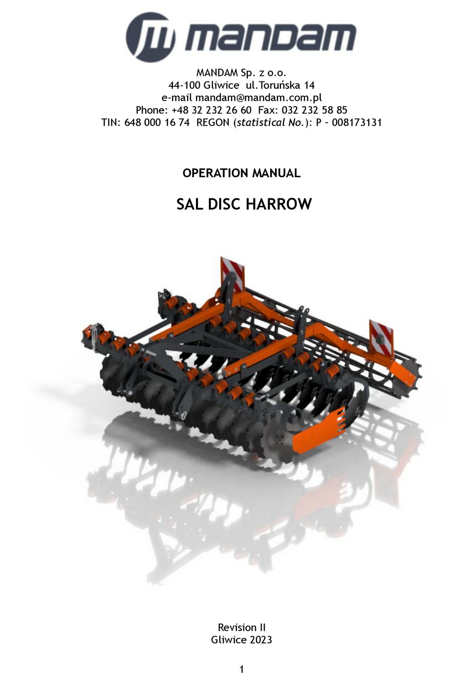 MANDAM SAL DISC HARROW OPERATION MANUAL Pdf Download ManualsLib